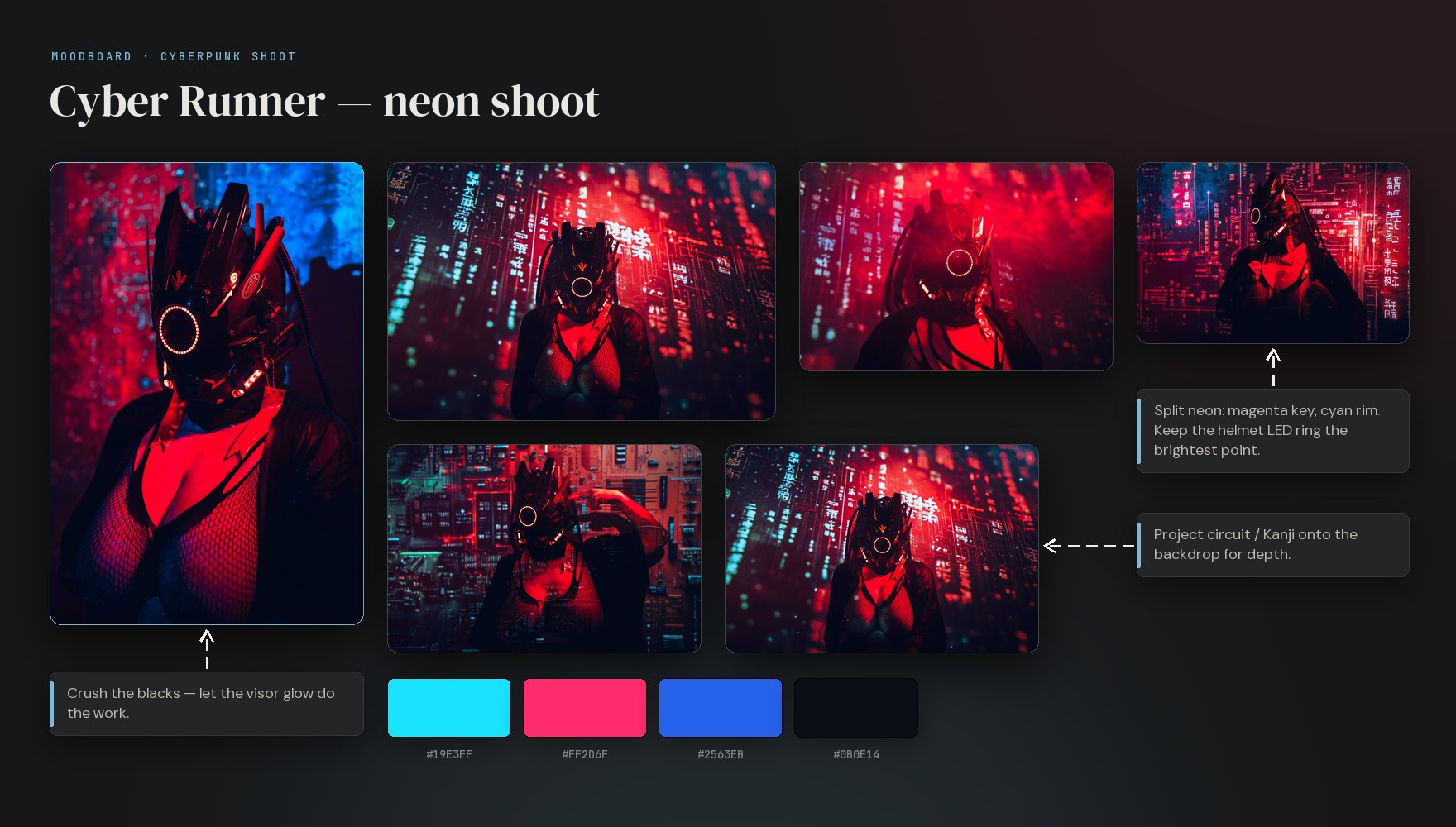 A cosplay reference board built in Cobalt — reference photos, build notes, connector arrows and a colour palette, generated from a single chat with Claude